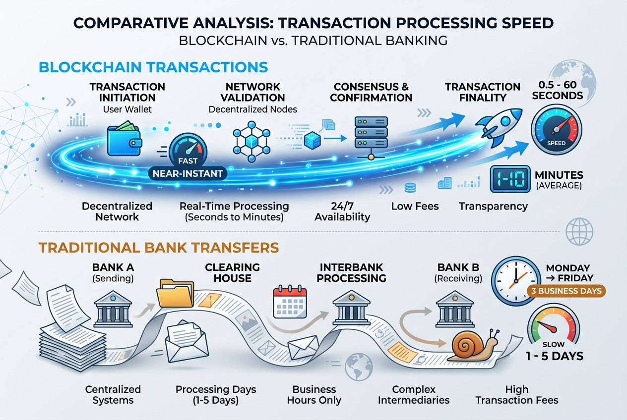 Visual comparison of blockchain speed versus traditional bank systems