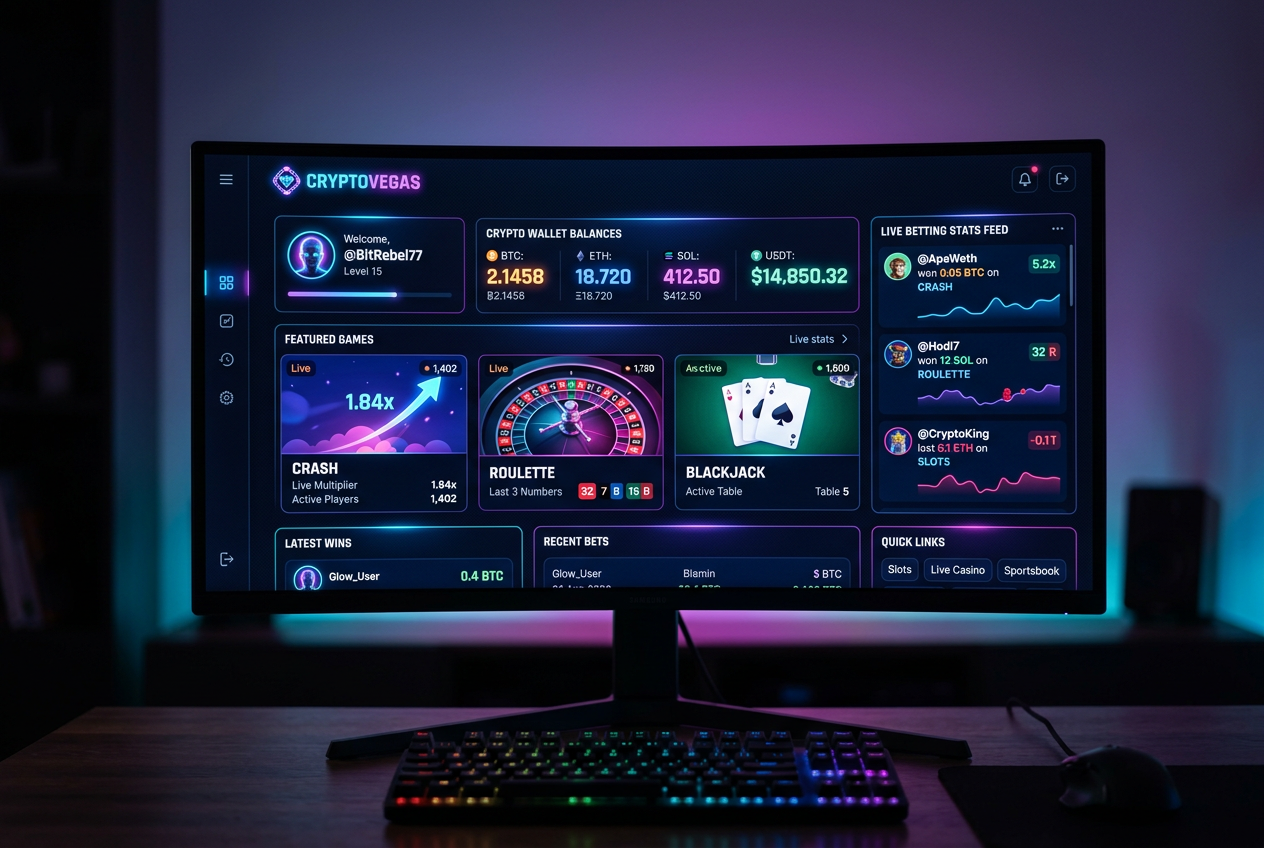 Modern crypto casino interface with glowing Bitcoin and Ethereum symbols