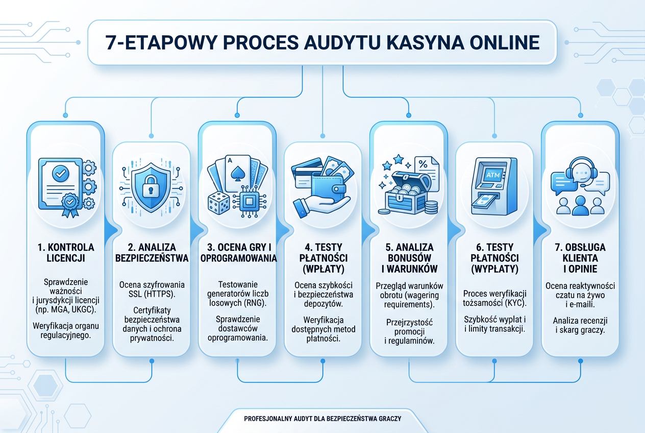 Infografika przedstawiająca 7 etapów profesjonalnej metodologii testowania kasyn online