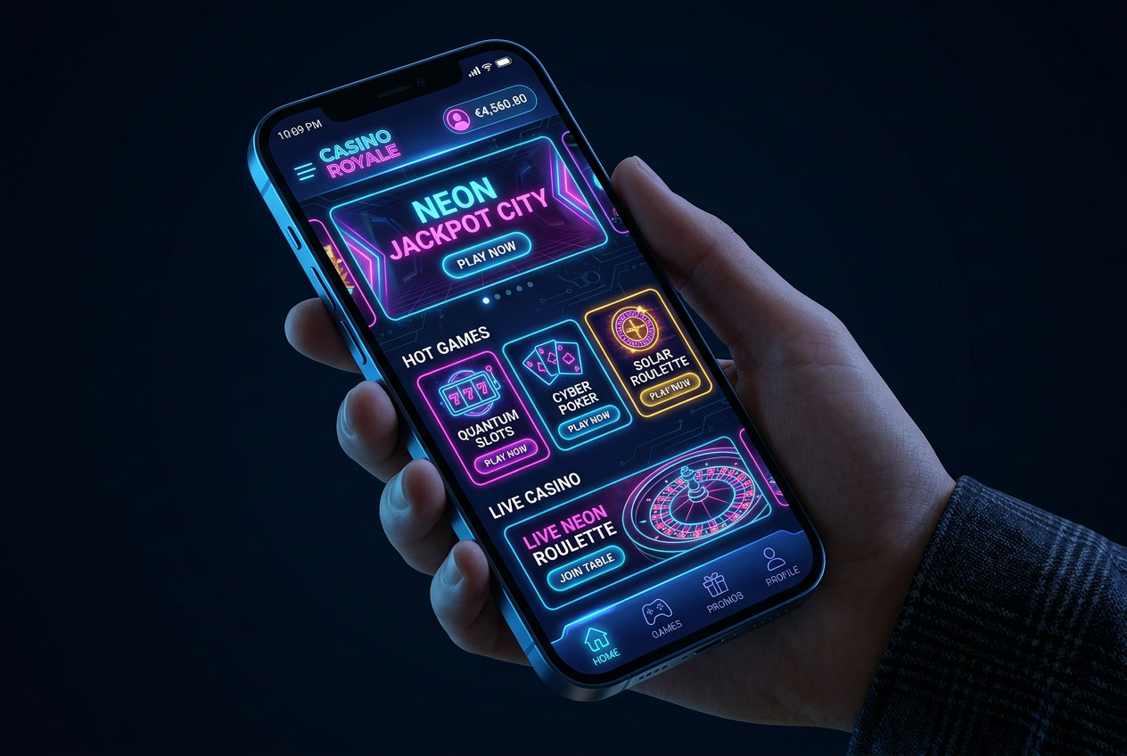 Nowoczesny interfejs mobilny kasyna z elementami futurystycznej grafiki i neonowymi efektami