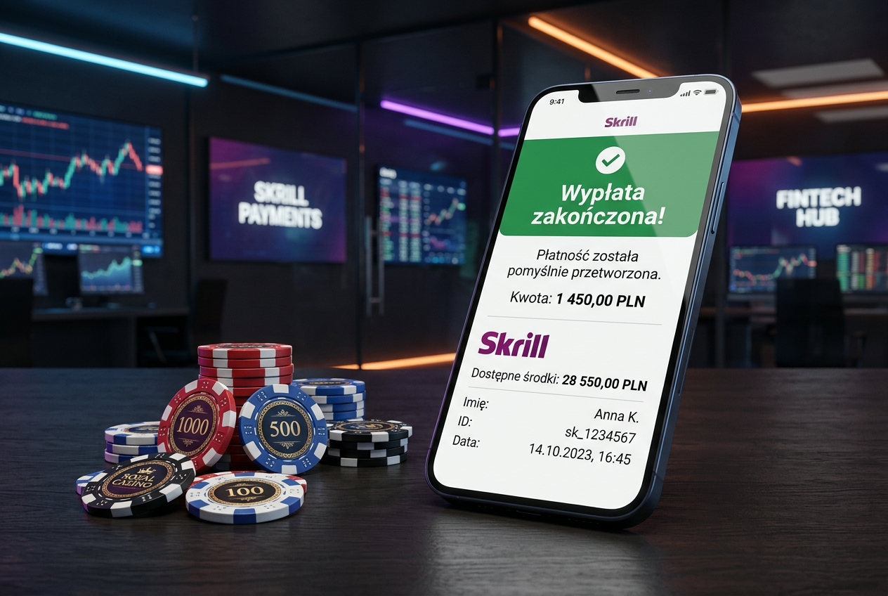 Smartphone screen showing a successful withdrawal confirmation in Skrill mobile app with PLN balance